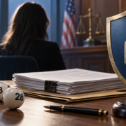 Editorial illustration of a lottery jackpot, court documents, and a privacy dispute