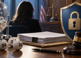 Editorial illustration of a lottery jackpot, court documents, and a privacy dispute