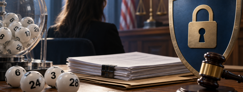 Editorial illustration of a lottery jackpot, court documents, and a privacy dispute
