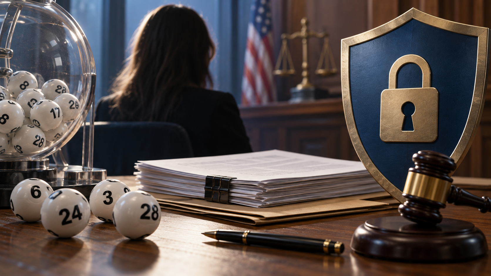Editorial illustration of a lottery jackpot, court documents, and a privacy dispute