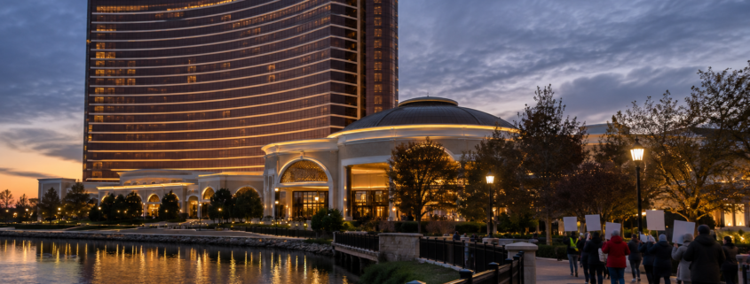 Editorial illustration for Encore Boston Harbor Revenue Falls as Casino Strike Continues