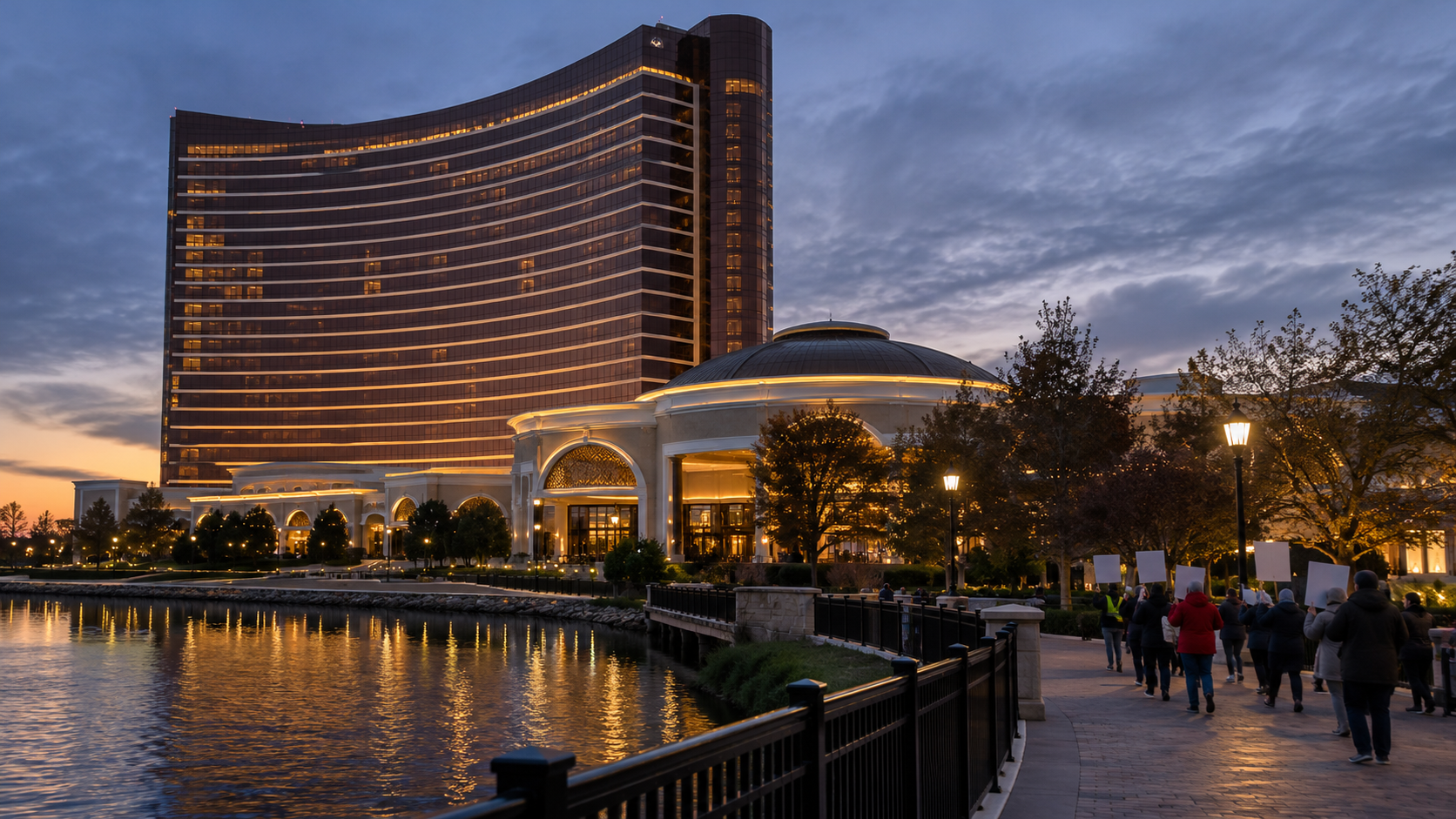 Editorial illustration for Encore Boston Harbor Revenue Falls as Casino Strike Continues