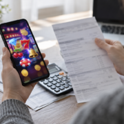 Editorial illustration of social casino refund questions, consumer documents, and a mobile gaming app