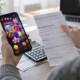 Editorial illustration of social casino refund questions, consumer documents, and a mobile gaming app