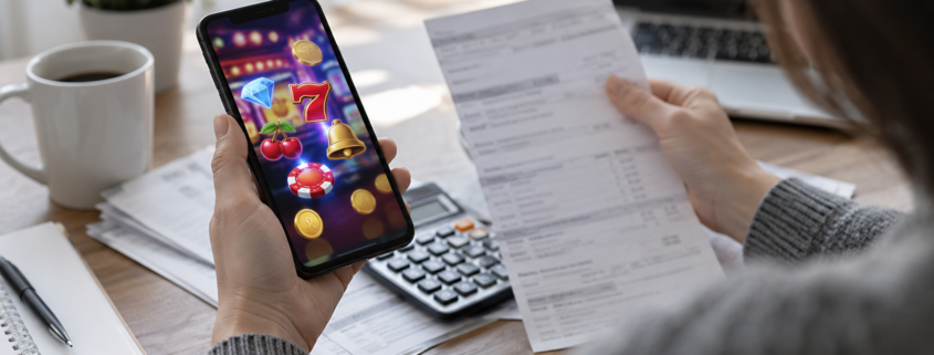 Editorial illustration of social casino refund questions, consumer documents, and a mobile gaming app