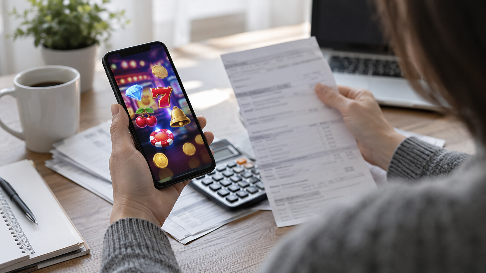 Editorial illustration of social casino refund questions, consumer documents, and a mobile gaming app
