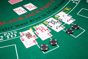 Blackjack casino table with cards and chips